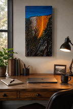 original oil painting on 12x24 vertical canvas brilliant reflection of sunset on Horsetail waterfall in Yosemite National Park pictured over a desk in home office
