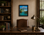 original oil painting, fog, lake, Denali mountains, framed, desk