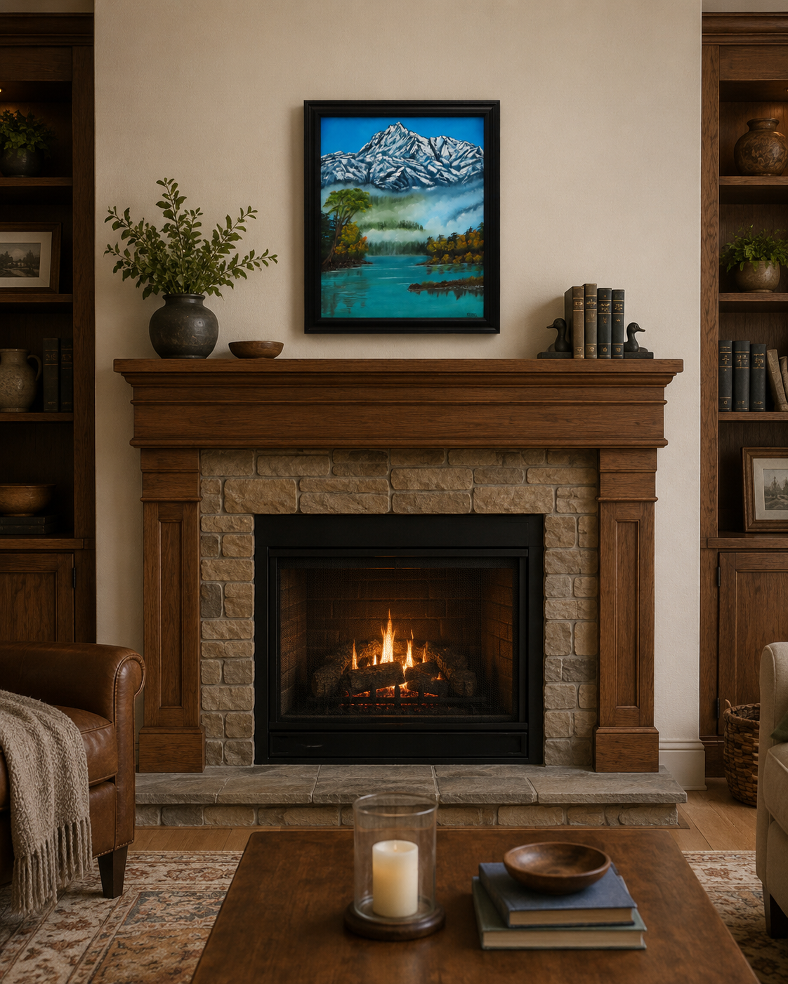 original oil painting, fog, lake, Denali mountains, framed, over fireplace