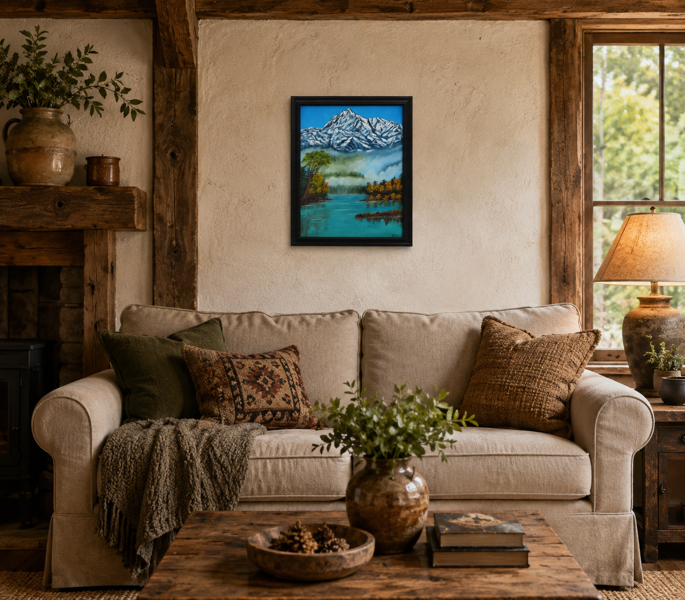 original oil painting, fog, lake, Denali mountains, framed, over sofa
