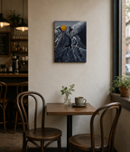original oil painting monochomatic abstraced mountain peak with golden round boulder on top as a contrasting focal point, 11x14, displayed over cafe table