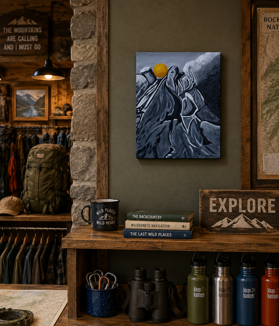 original oil painting monochomatic abstraced mountain peak with golden round boulder on top as a contrasting focal point, 11x14, displayed in wilderness outfitter's store
