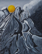 original oil painting monochomatic abstraced mountain peak with golden round boulder on top as a contrasting focal point, 11x14 unframed 
