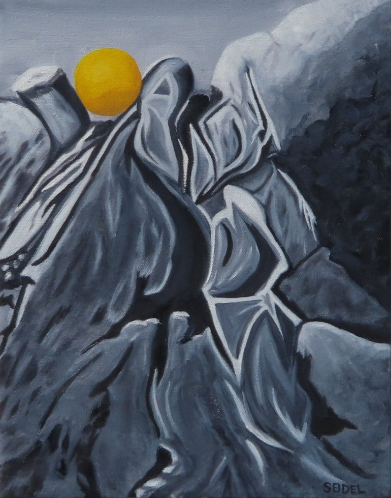 original oil painting monochomatic abstraced mountain peak with golden round boulder on top as a contrasting focal point, 11x14 unframed 