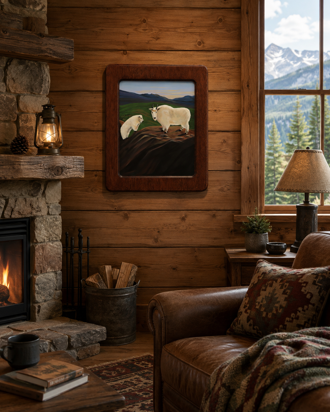 original 16x20 oil painting, two mountain goats, unusual frame, pictured in a mountain cabin
