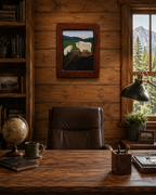 original 16x20 oil painting, two mountain goats, unusual frame, pictured behind office desk