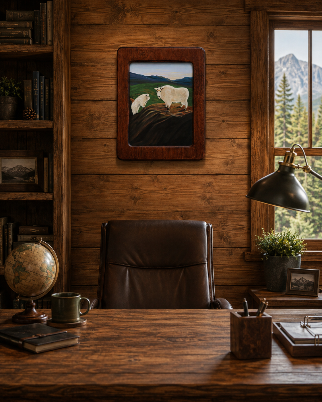 original 16x20 oil painting, two mountain goats, unusual frame, pictured behind office desk
