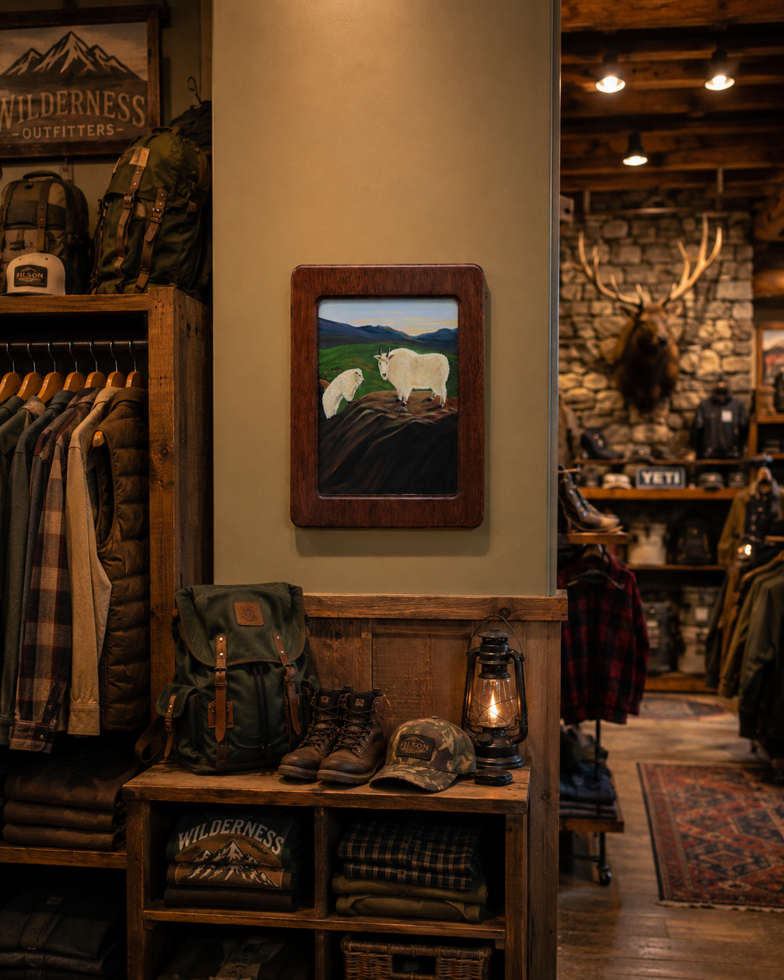 original 16x20 oil painting, two mountain goats, unusual frame, shown in a wilderness outfitter store