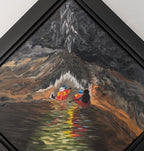 original oil painting of cavers entering a cave system with river, dark water and walls, accented by light reflections and cave formations, framed in black, diamond presentation, close-up of canoes
