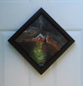 original oil painting of cavers in canoes entering a cave system with river, dark water and walls, accented by light reflections and cave formations, framed in black, diamond presentation