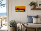 7x14" original acrylic painting of a brilliant sunset on ocean with large silhoutted sea stacks, shon in a seaside cottage