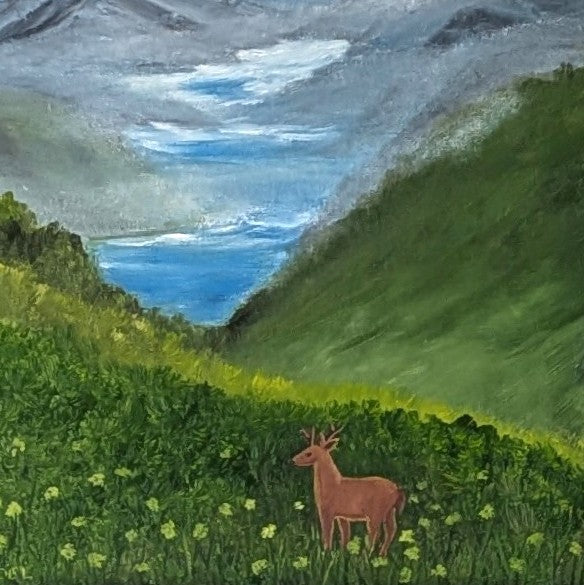 Original oil painting of a misty morning in the mountains, moon, lakes, deer in meadow, framed, close up of deer