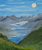 Original oil painting of a misty morning in the mountains, moon, lakes, deer in meadow, framed, close up of mountains