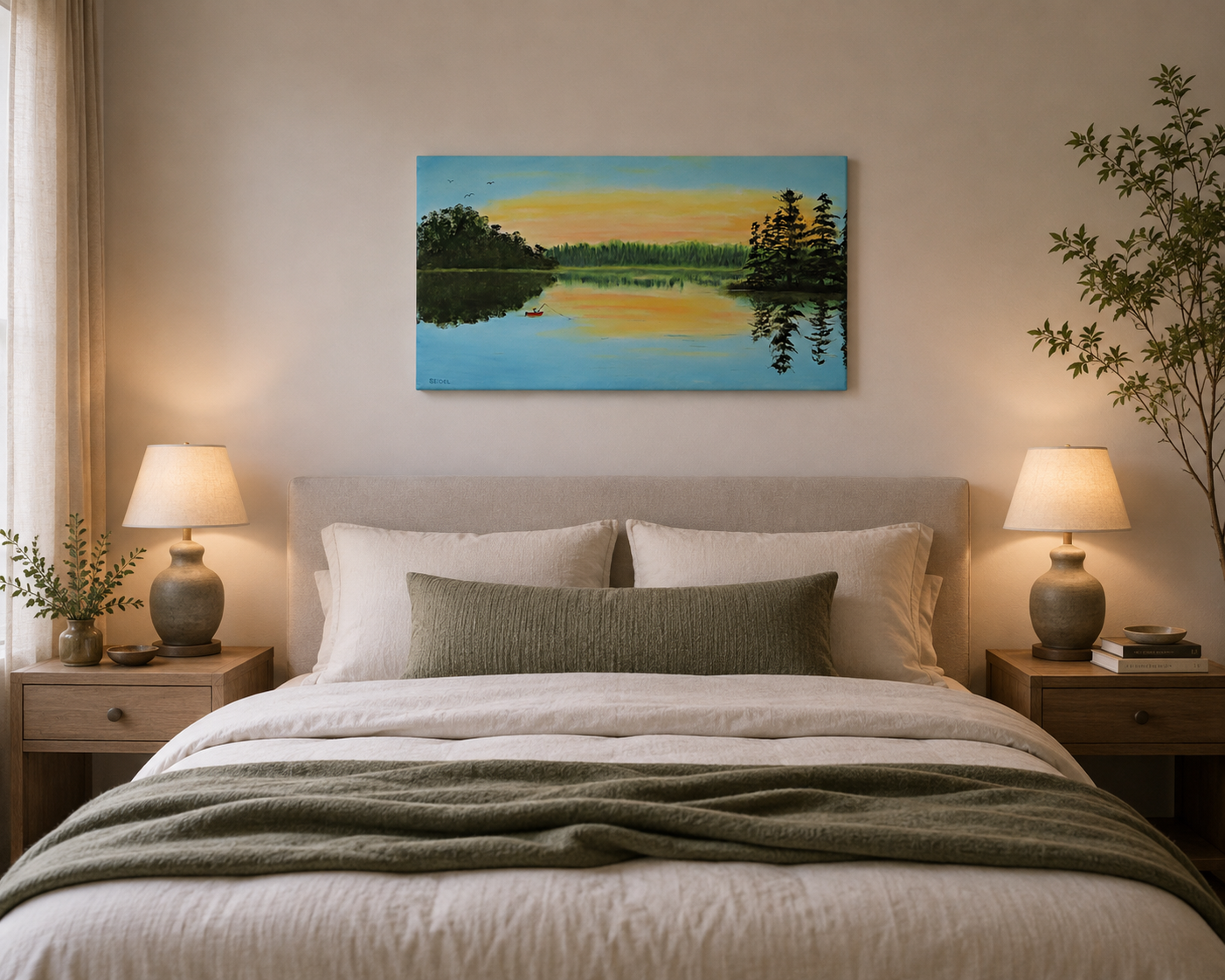 original oil painting on specialty deep cradle canvas, misty lake scene at dawn, fisherman, shown over bed