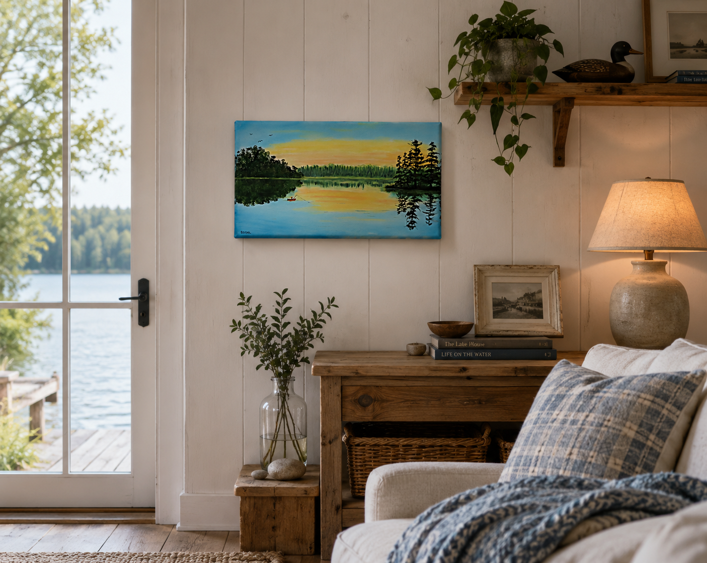 original oil painting on specialty deep cradle canvas, misty lake scene at dawn, fisherman in canoe, pictured in lakeside cottage