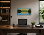 original oil painting on specialty deep cradle canvas, misty lake scene at dawn, fisherman in canoe, displayed behind modern desk