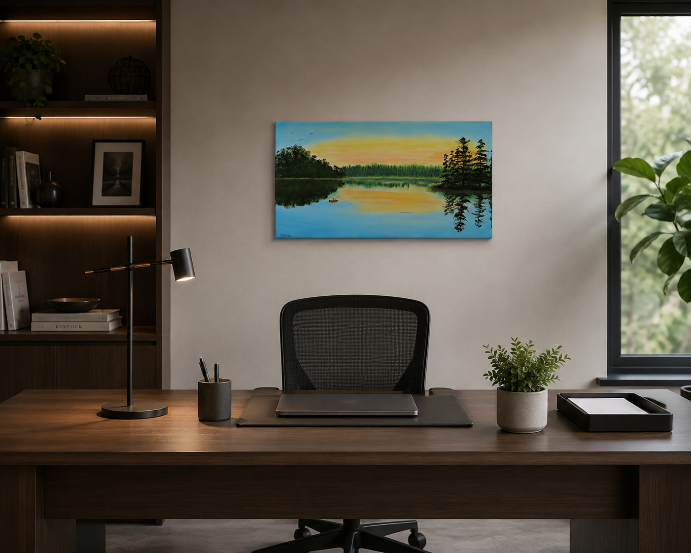 original oil painting on specialty deep cradle canvas, misty lake scene at dawn, fisherman in canoe, displayed behind modern desk