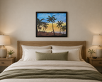original oil painting colorful sunset and palm trees, framed displayed over bed