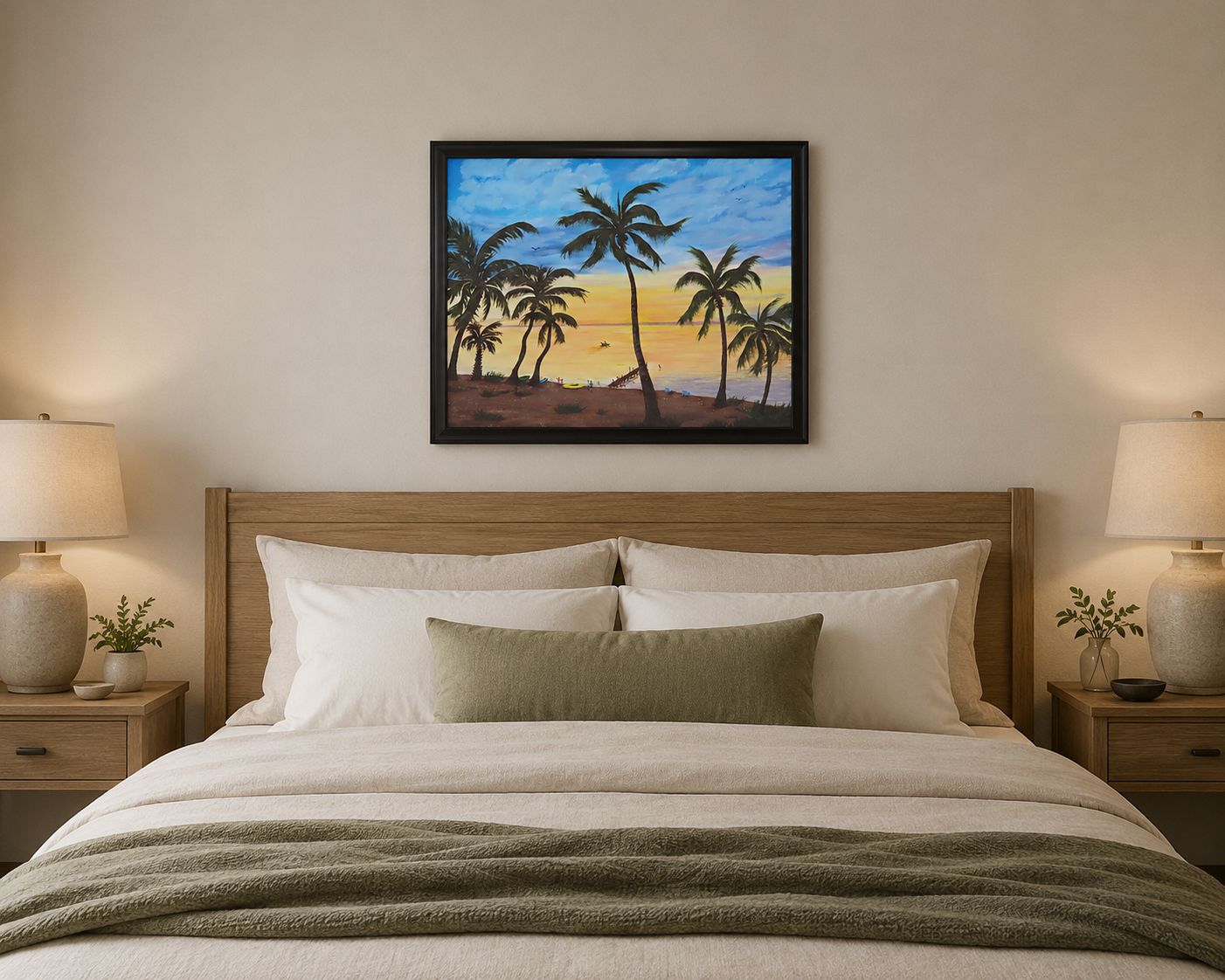 original oil painting colorful sunset and palm trees, framed displayed over bed