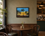original oil painting colorful sunset and palm trees, framed, displayed over cafe table