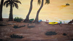 original oil painting of sunset on beach. Close-up of texture and kids