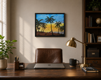 original oil painting colorful sunset and palm trees, framed, displayed behind desk