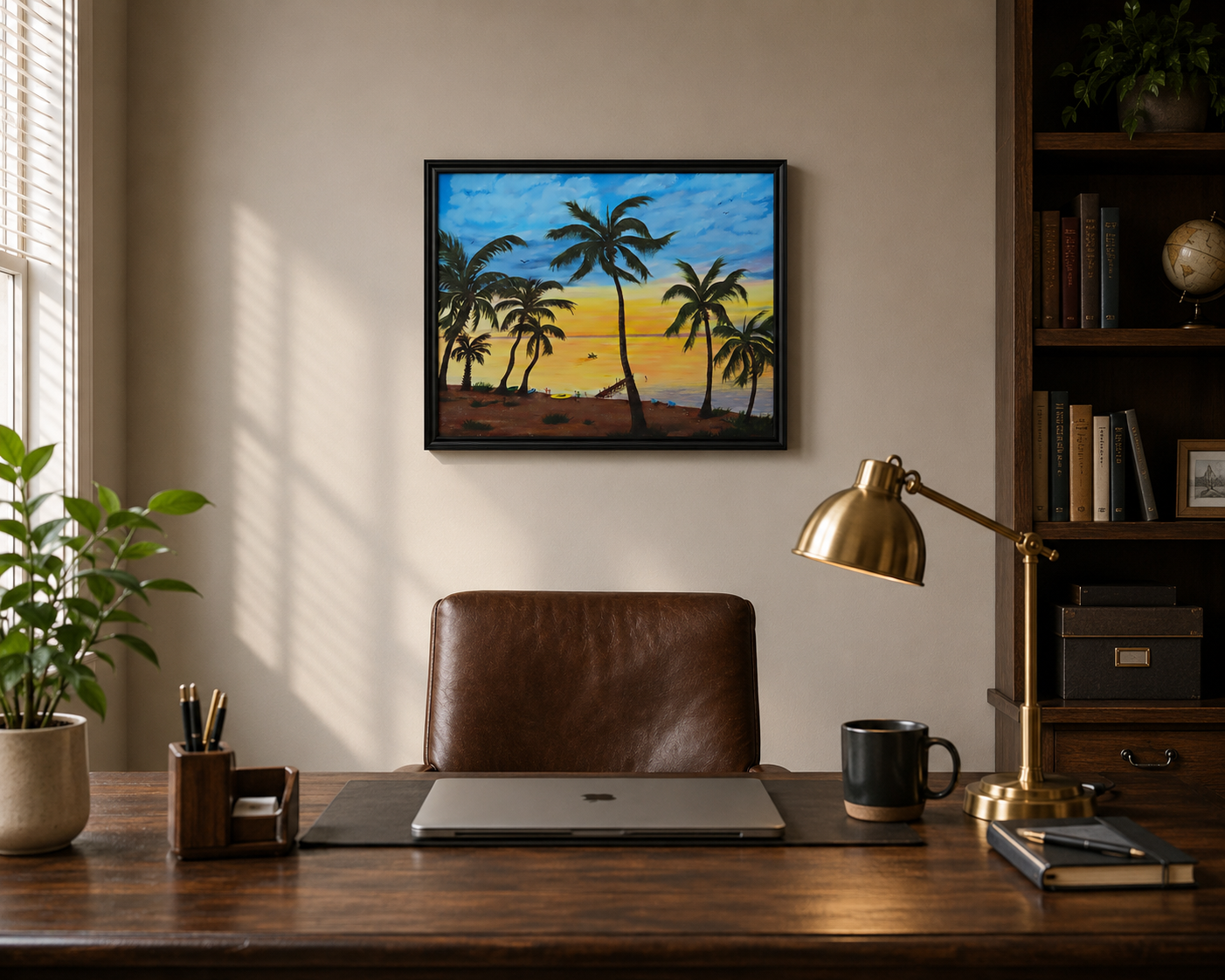 original oil painting colorful sunset and palm trees, framed, displayed behind desk