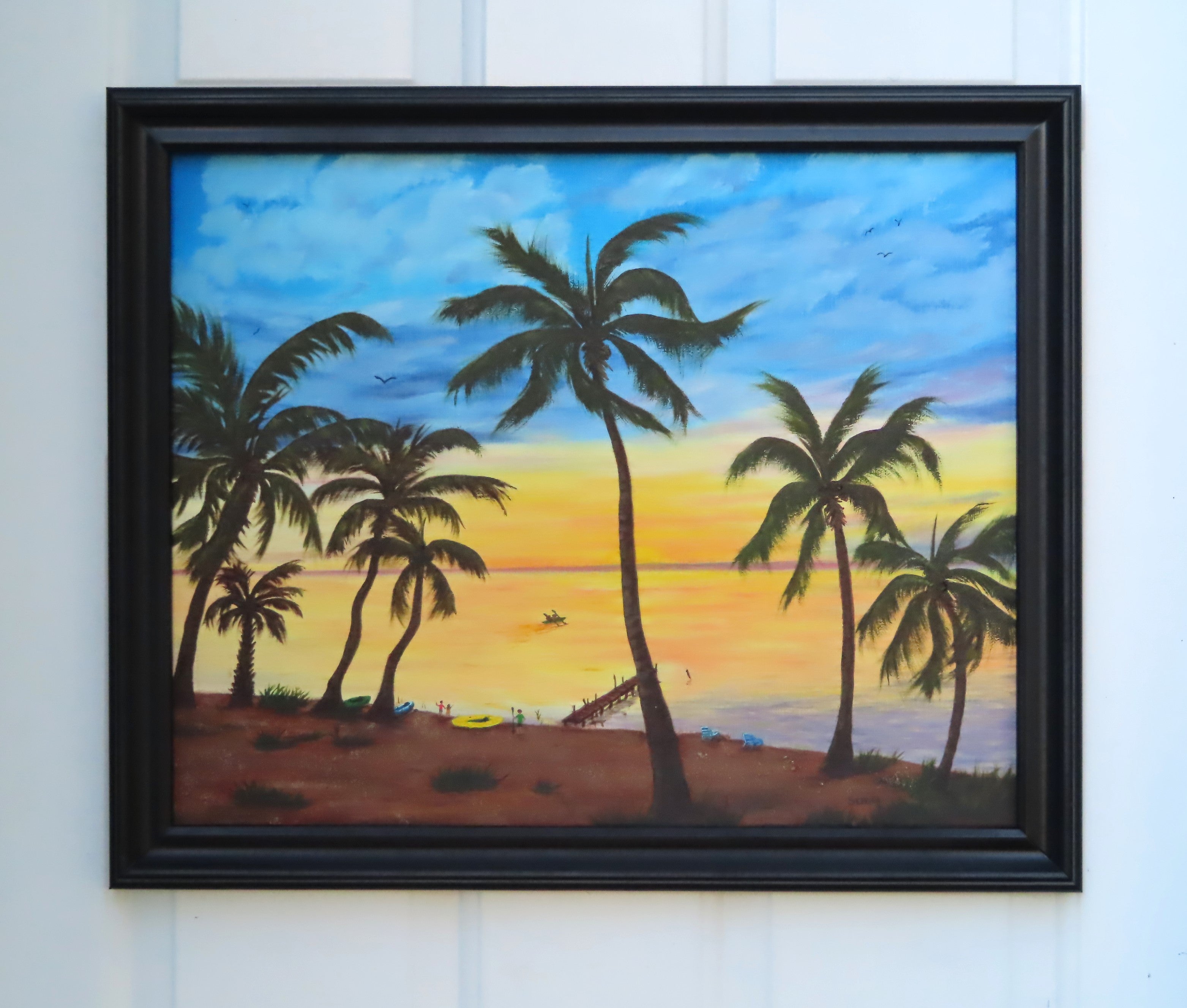 original oil painting colorful sunset and palm trees, framed