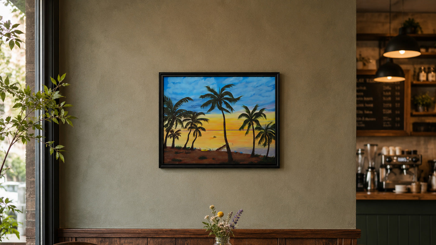 ocean beach painting of grand cayman hanging in coffee shop