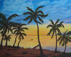 original oil painting colorful sunset and palm trees, unframed