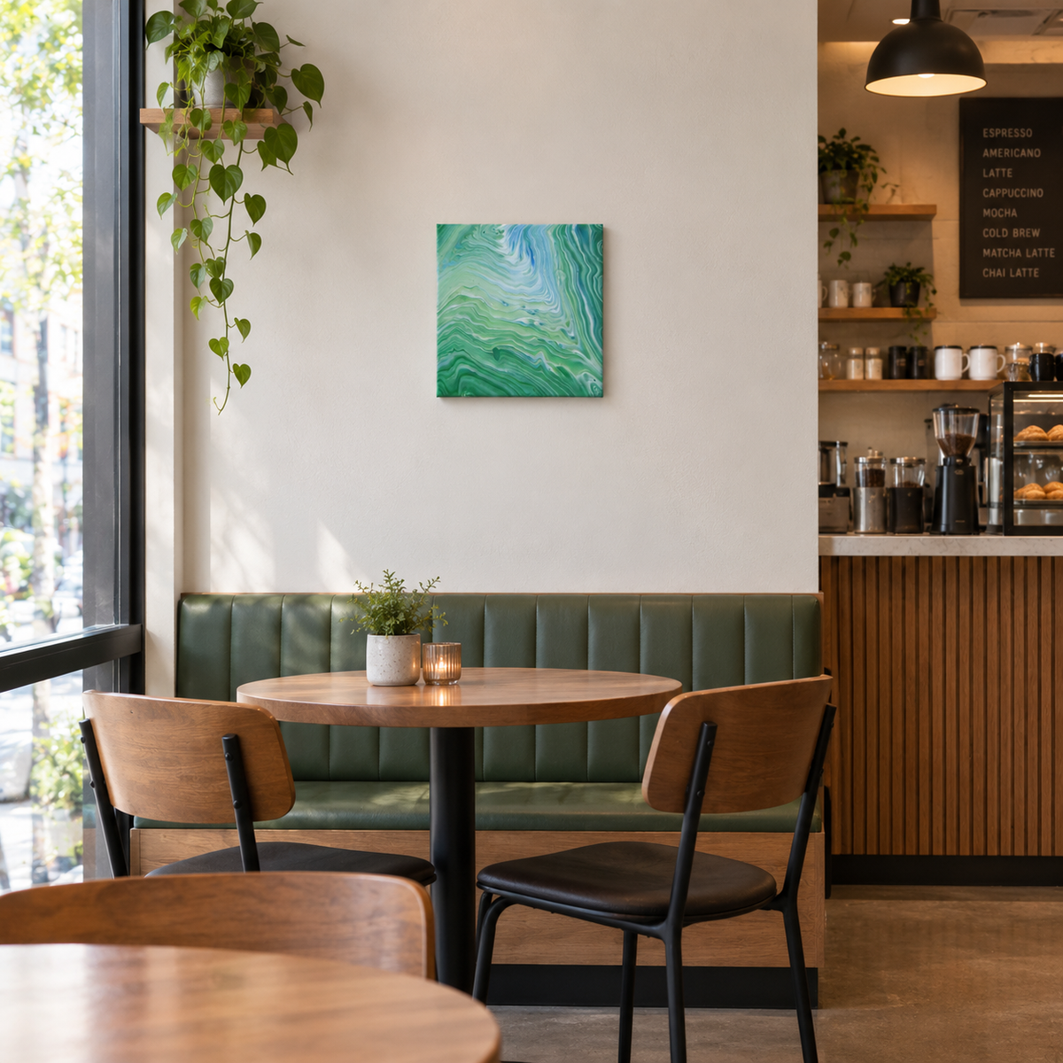 This original liquid art painting is a 12 x 12" abstract on canvas. It can be displayed in any direction. The green with white and blue accents are mesmerizing and calming. It is shown here in a cafe.