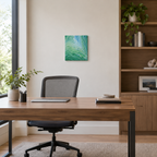 This original liquid art painting is a 12 x 12" abstract on canvas. It can be displayed in any direction. The green with white and blue accents are mesmerizing and calming. It is shown here in a modern office.