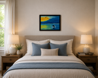 original oil painting, whale,sunrise, fog, framed, bed