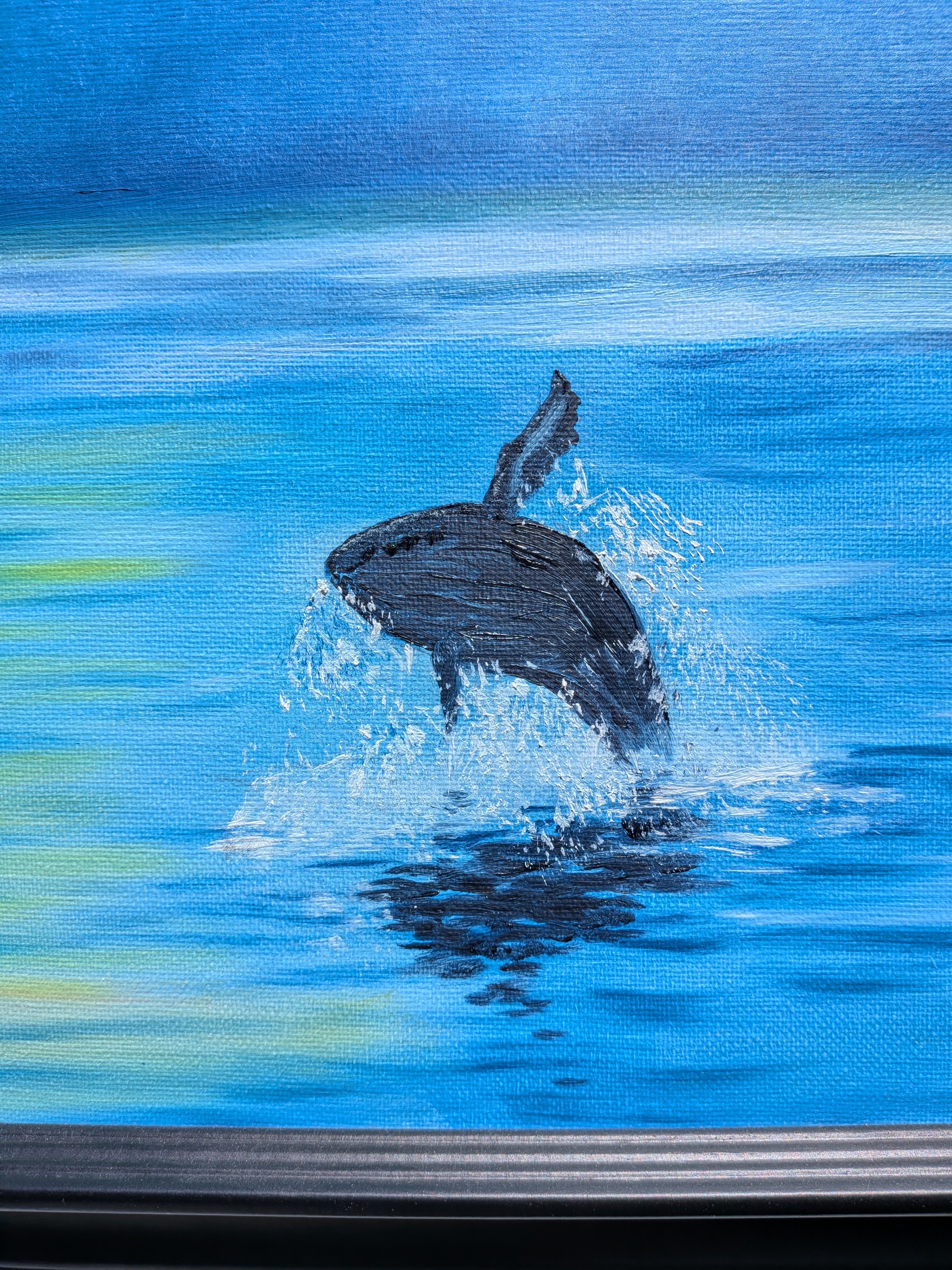 original oil painting, whale, sunrise, fog, framed, closeup of whale
