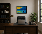 original oil painting, whale,sunrise, fog, framed, desk