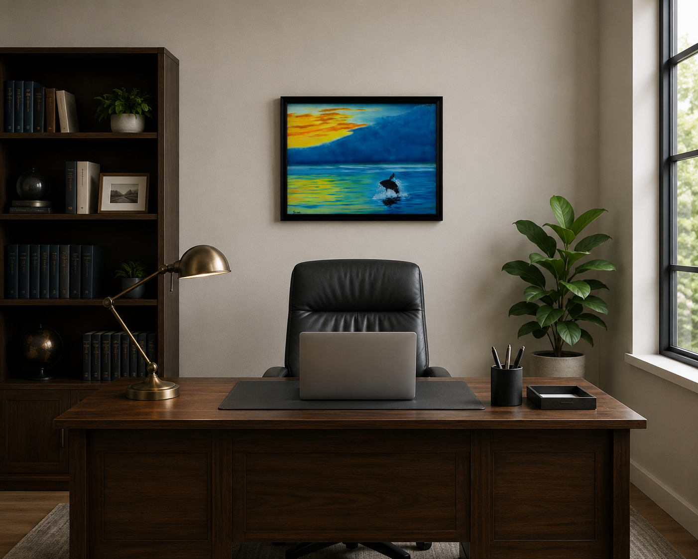 original oil painting, whale,sunrise, fog, framed, desk