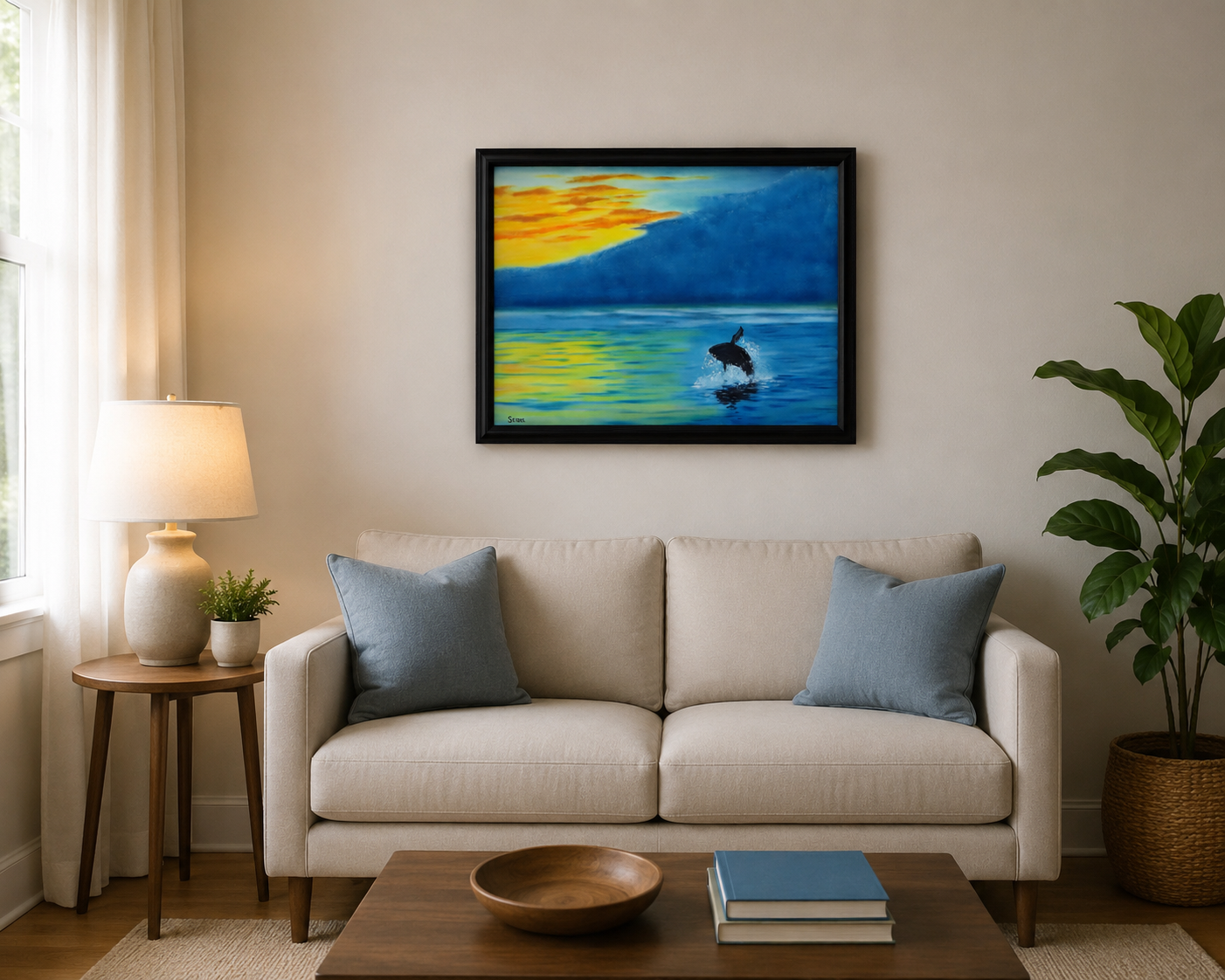 original oil painting, whale,sunrise, fog, framed, sofa