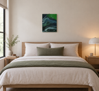 abstract poured acrylic painting on 11x14" canvas, flowing blues, greens and white create movement, painting can be displayed in two different directions. It is shown here in a bedroom