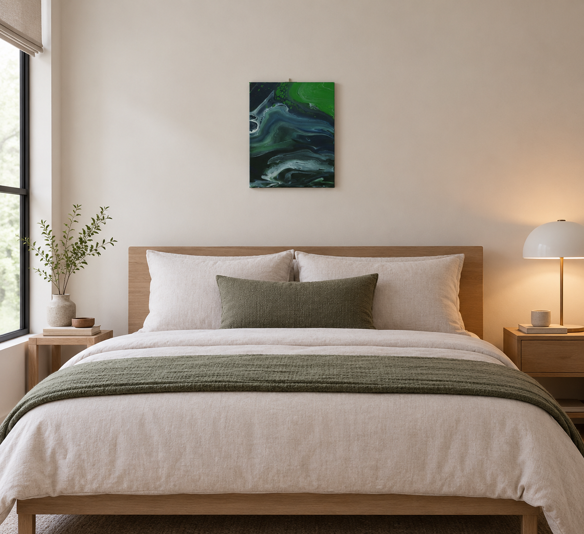 abstract poured acrylic painting on 11x14" canvas, flowing blues, greens and white create movement, painting can be displayed in two different directions. It is shown here in a bedroom