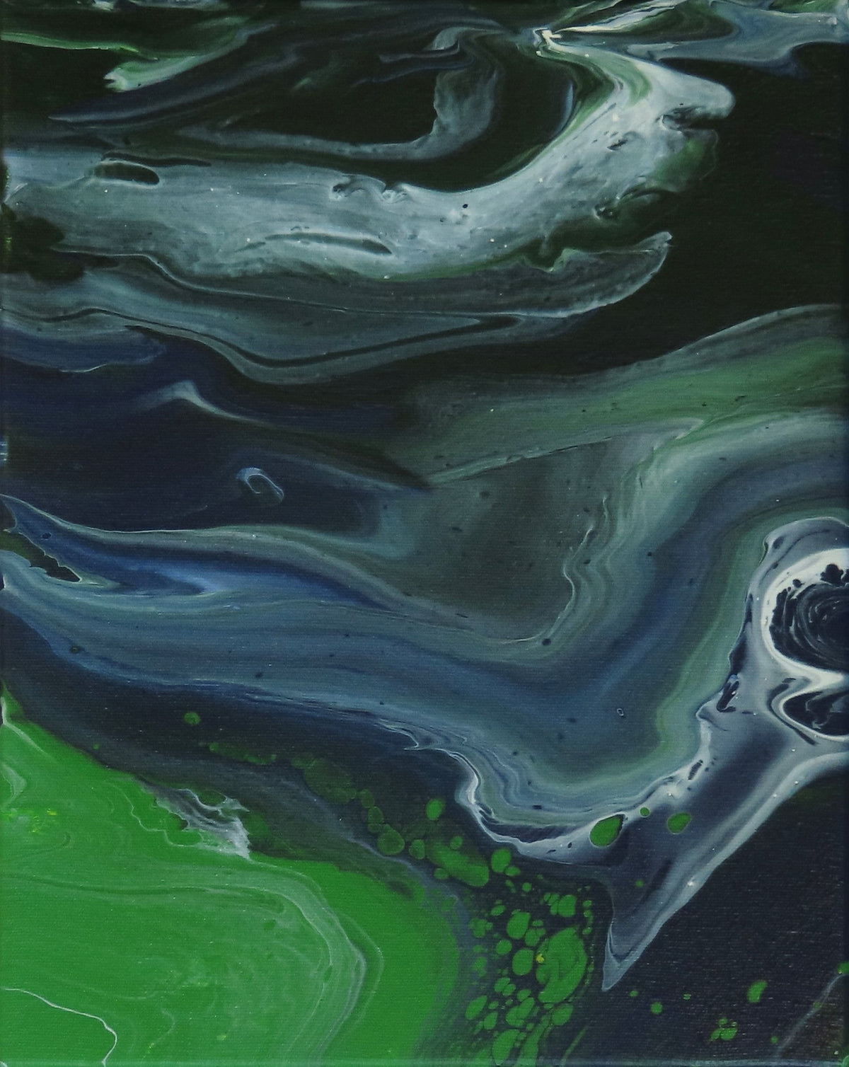 abstract poured acrylic painting on 11x14" canvas, flowing blues, greens and white create movement, shown in alternate display position