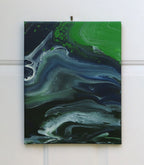 abstract poured acrylic painting on 11x14" canvas, flowing blues, greens and white create movement, painting can be displayed in two different directions. 