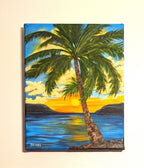 original 11x14 oil painting, sunset, ocean, large palm tree, unframed