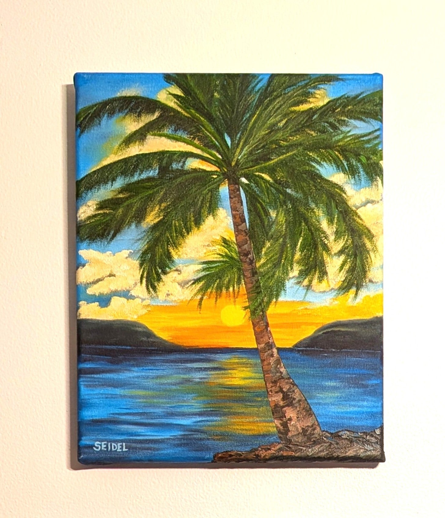 original 11x14 oil painting, sunset, ocean, large palm tree, unframed