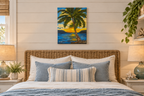 11x14" original oil painting, sunset, ocean, large palm tree, shown over a bed