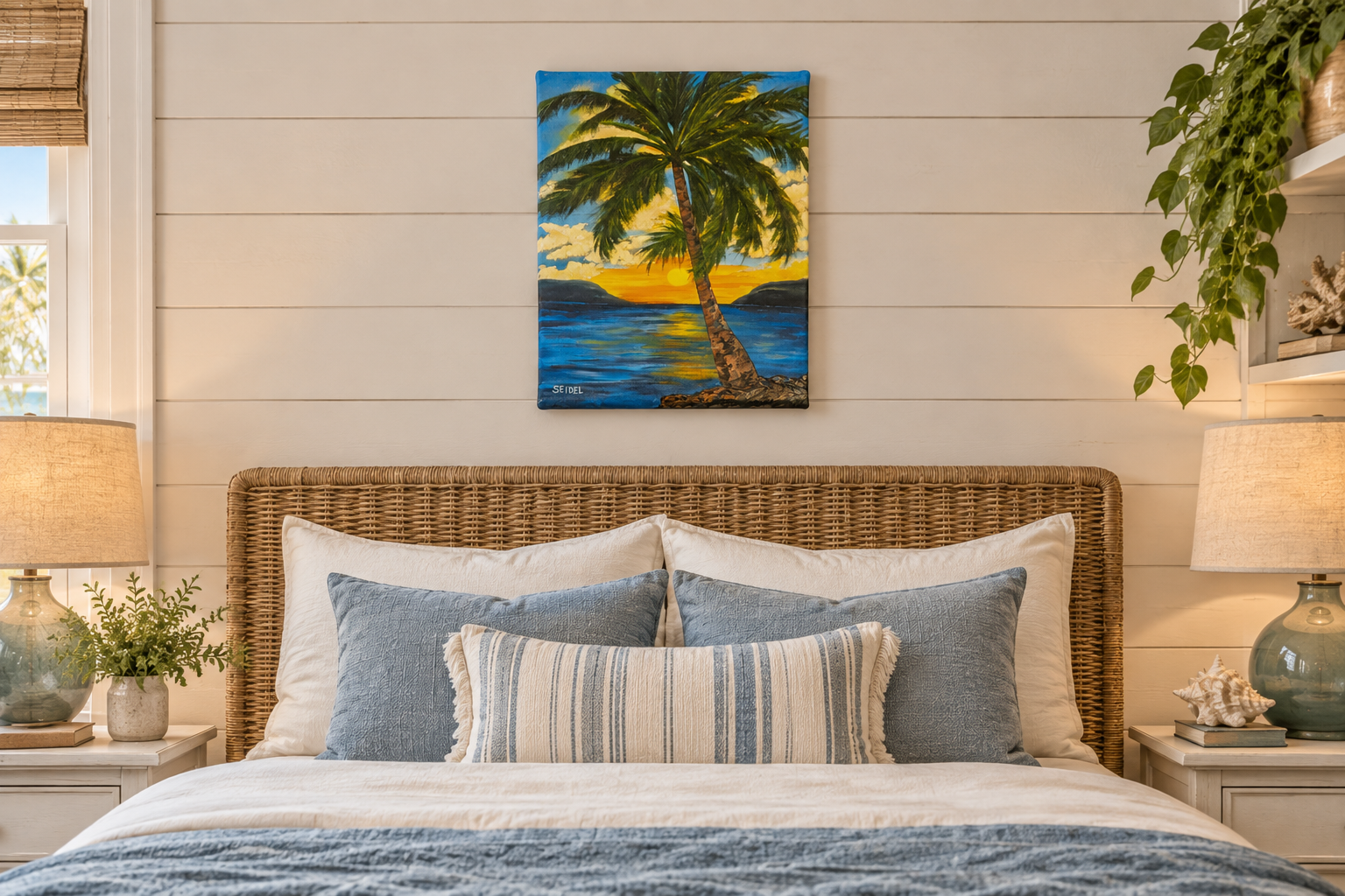 11x14" original oil painting, sunset, ocean, large palm tree, shown over a bed