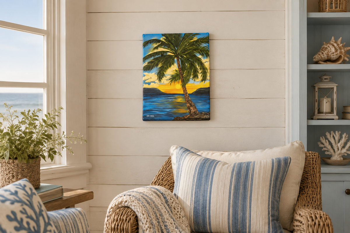 11x14" original oil painting, sunset, ocean, large palm tree, shown in a seaside cottage