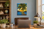 11x14" original oil painting, sunset, ocean, large palm tree, shown in an office