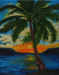 original 11x14 oil painting, sunset, ocean, large palm tree, unframed