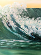 12x12" original oil painting of a surfer in the curl of a huge wave, here showing a close-up view