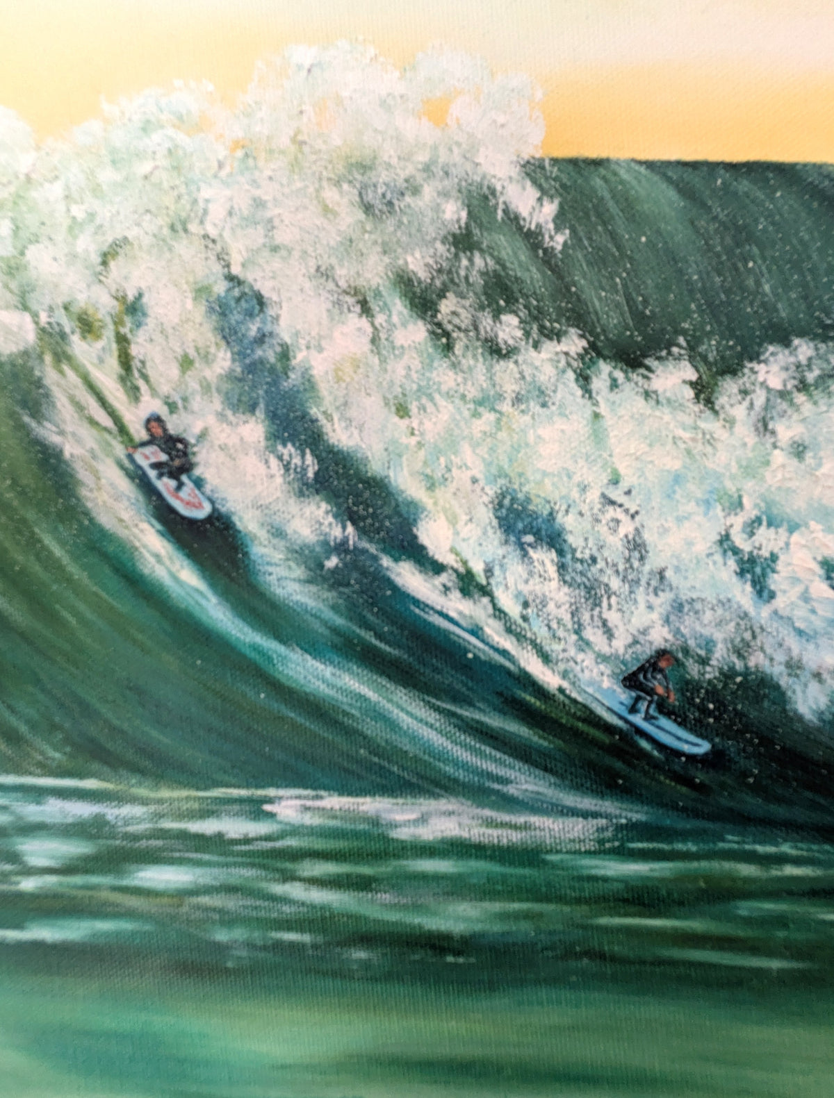 12x12" original oil painting of a surfer in the curl of a huge wave, here showing a close-up view